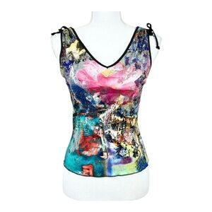 VINTAGE Juxtapose 90’s Silver Metallic Multi Colored Shoulder Tie Tank Medium